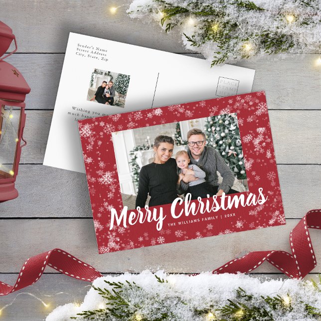 Modern Red Snowflake Foto Weihnachten Postkarte (Modern Red Snowflake Photo Christmas Postcard
)