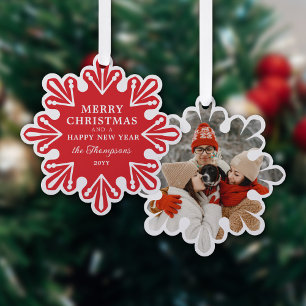 Modern Red Snowflake Frohe Weihnachten Foto Ornament Karte
