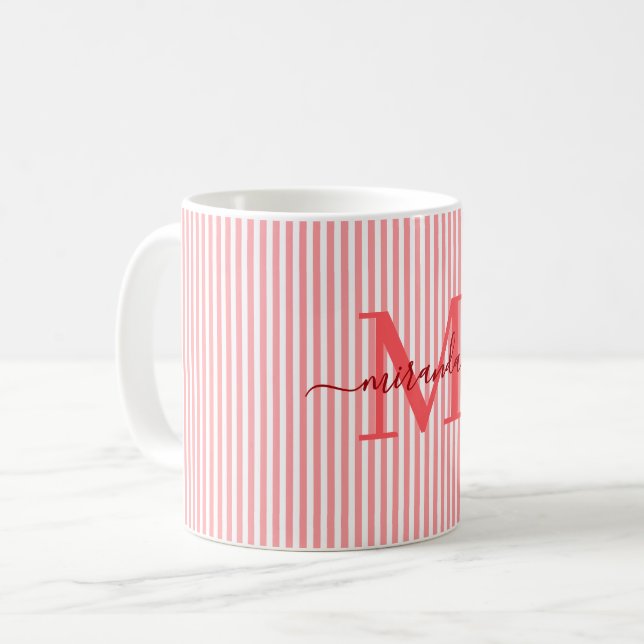 Modern Red Stripe Monogram Name Kaffeetasse (Vorderseite Links)