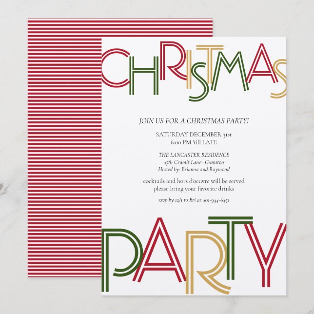 Modern Red Strips Green Gold Weihnachten Party  Einladung (Vorne/Hinten)