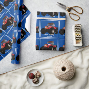 Modern Red Traktor Wrapping Paper Geschenkpapier