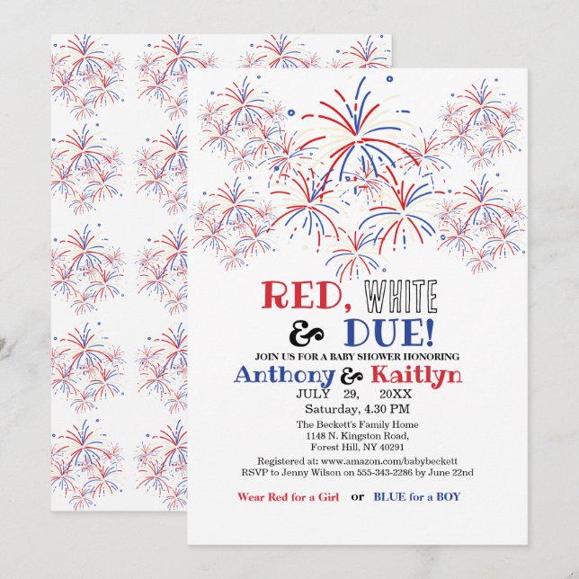Modern Red White & Due 4th July Baby Shower Einladung (Vorne/Hinten)