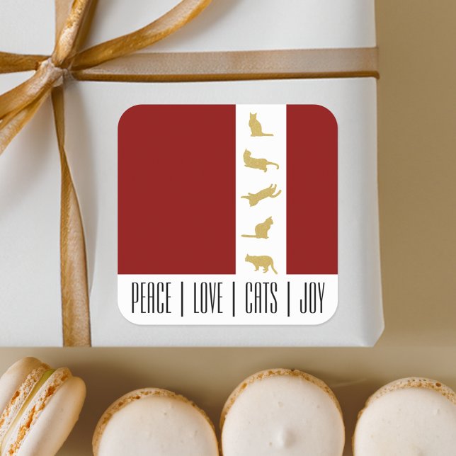 Modern Red White Gold Cat Weihnachten Quadratischer Aufkleber (Von Creator hochgeladen)