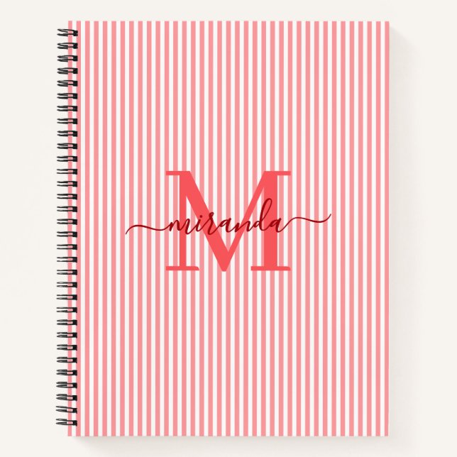 Modern Red & White Stripes Monogram Name Notizbuch (Vorderseite)