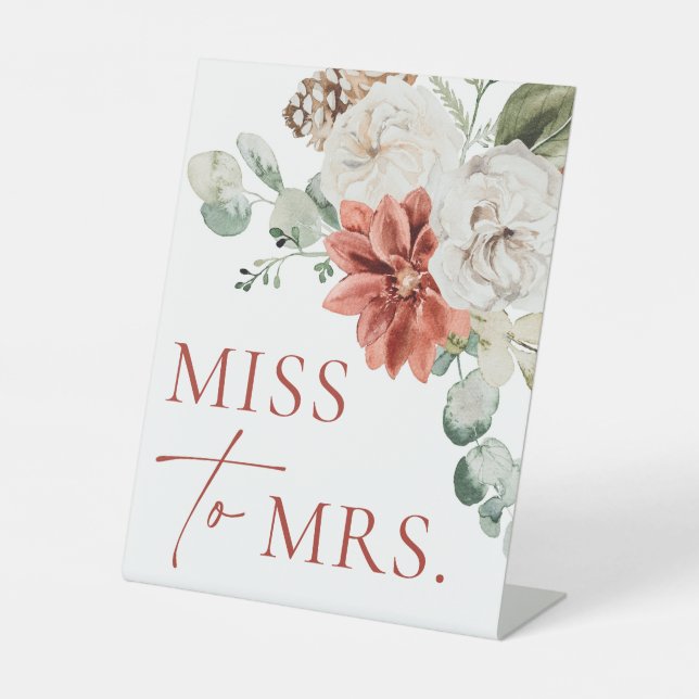 Modern Red Winter Weihnachten Miss an Mrs. Sign Sockelschild (Vorderseite)