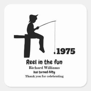 Modern Reel in the Fun Fisherman 50. Geburtstag Quadratischer Aufkleber