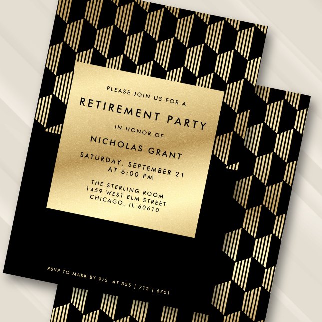 Modern Retirement Party Black and Gold Faux Foil Einladung (Personalize names, date, and RSVP details.)