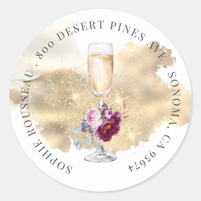 Modern Retirement Party Champagne Glitzern Address Runder Aufkleber (Vorderseite)