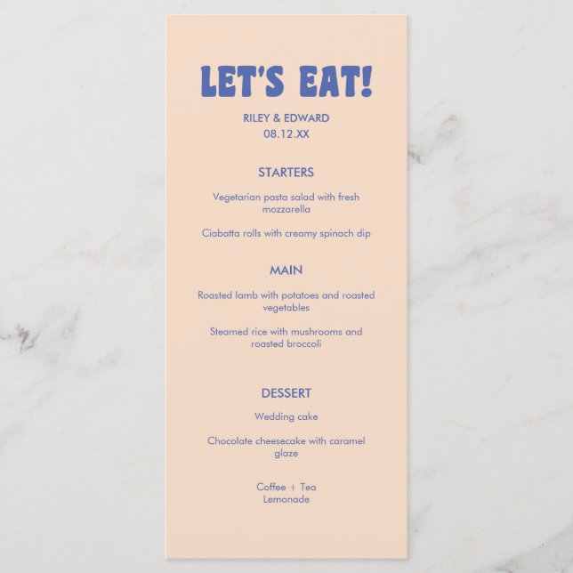 Modern Retro Blue & Beige 'Let's Eat!' Wedding Menükarte (Vorderseite)