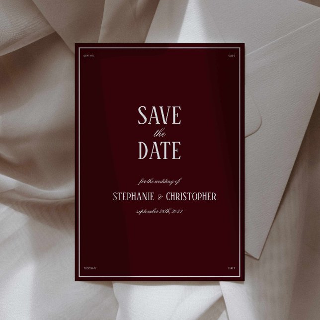 Modern Retro Burgundy Wedding Save the date Einladung (burgundy formal save the date wedding invitation, deep red cherry classy wedding annoucement card)