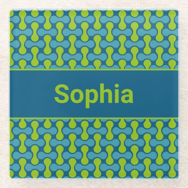 Modern Retro Link Pattern in Blue and Green Glasuntersetzer (Vorderseite)