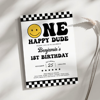 Modern Retro One Happy Typ Boy Erster Geburtstag Einladung