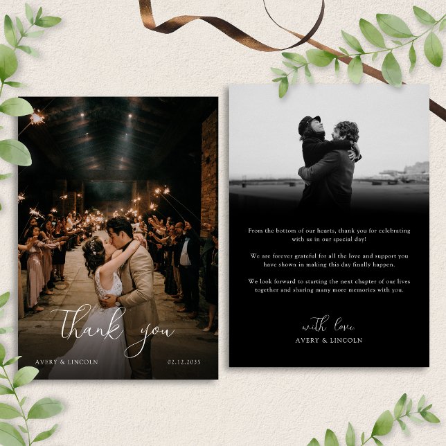 Modern Romantic Black & White Photo Script Wedding Dankeskarte (Von Creator hochgeladen)