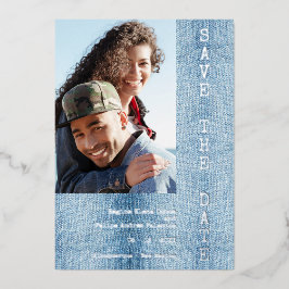 Modern Romantic Blue Jean Engaged Couple Photo Folieneinladung