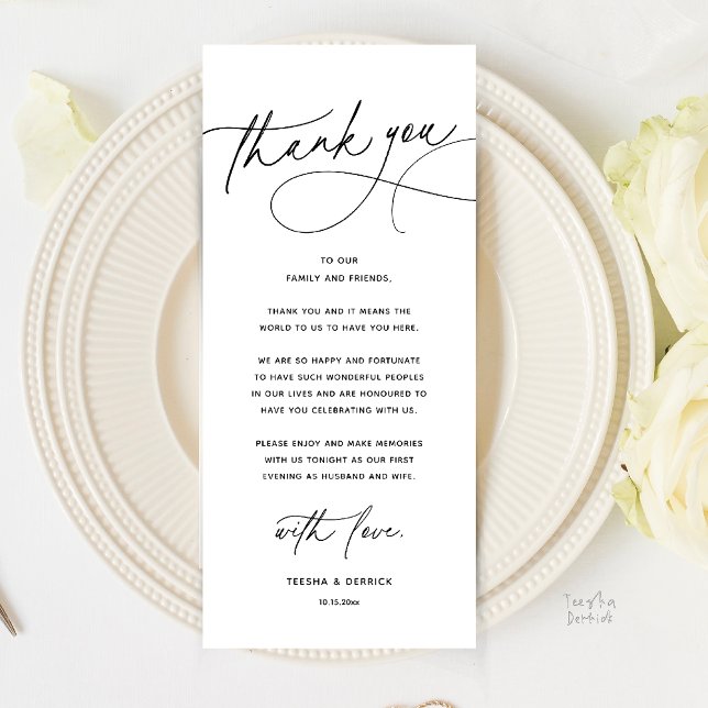 Modern Romantic Wedding Dinner Thank You Card Programm (Modern Romantic Wedding Reception Dinner Thank You Card in black and white)