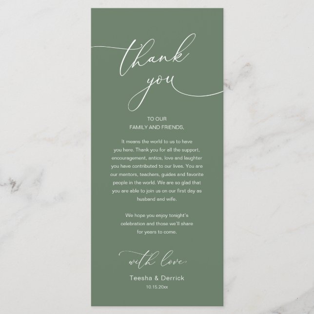 Modern Romantic Wedding Reception Thank You Card Programm (Vorderseite)