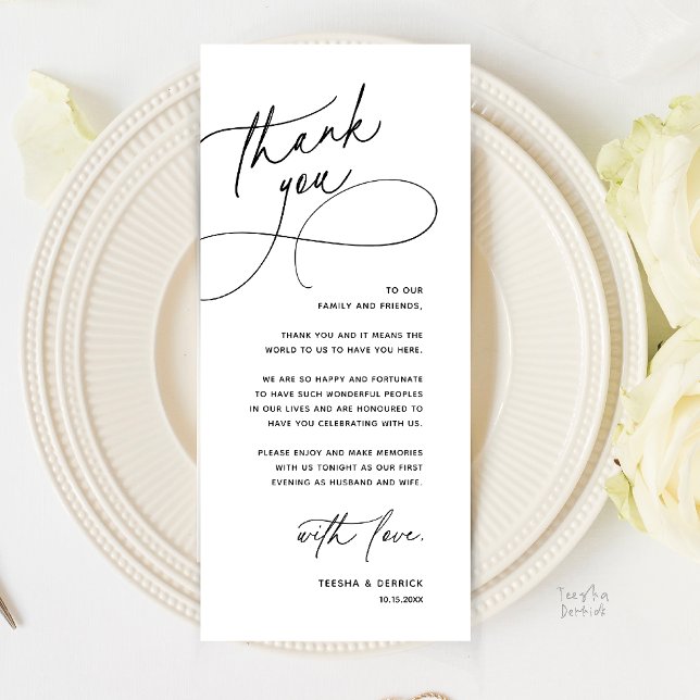 Modern Romantic Wedding Reception Thank You Card Programm (Modern Romantic Wedding Reception Dinner Lunch Brunch Thank You Card in Black and White)