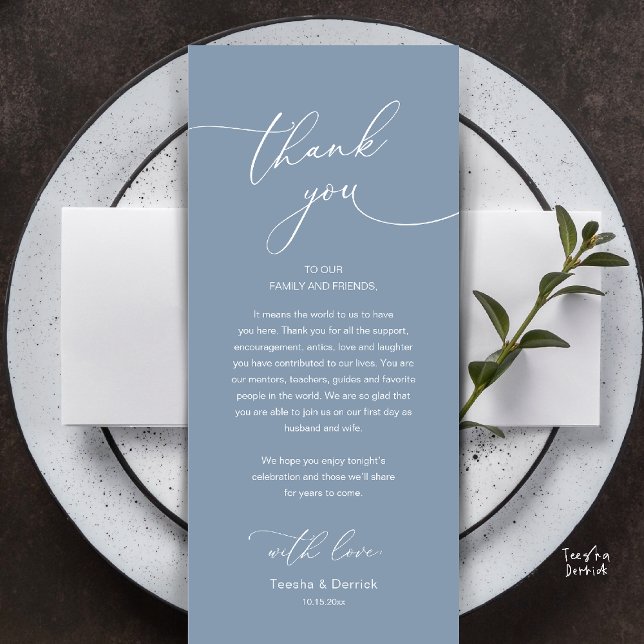 Modern Romantic Wedding Reception Thank You Card Programm (Modern Romantic Wedding Reception Thank You Card, plate decoration, in Dusty Blue)