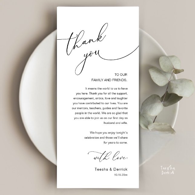 Modern Romantic Wedding Reception Thank You Card Programm (Modern Romantic Wedding Reception Thank You Card, plate decoration, in Black and White)