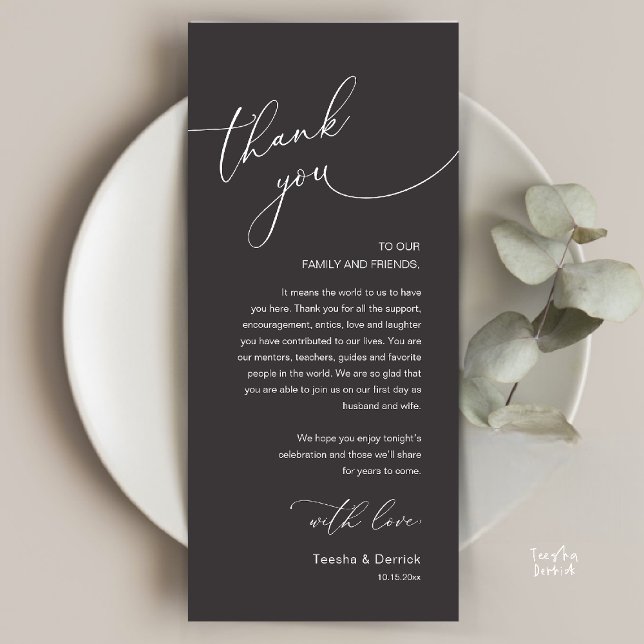 Modern Romantic Wedding Reception Thank You Card Programm (Modern Romantic Wedding Reception Thank You Card, plate decoration, in Classy Charcoal Dark Grey)