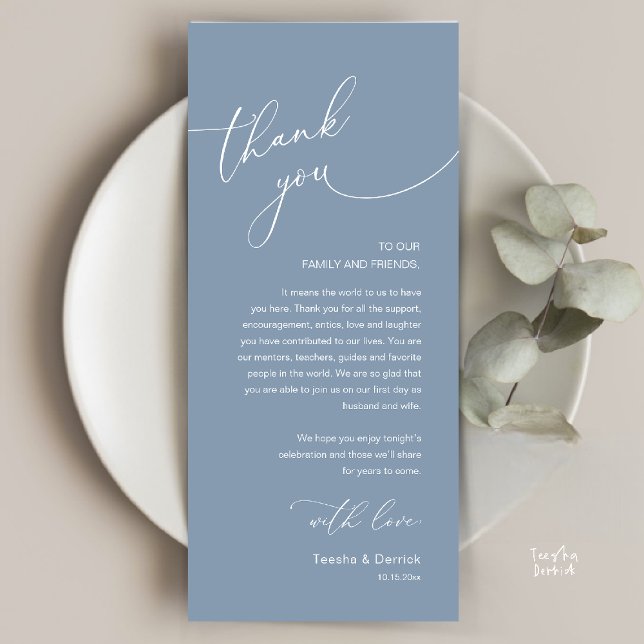 Modern Romantic Wedding Reception Thank You Card Programm (Modern Romantic Wedding Reception Thank You Card, plate decoration, in Dusty Blue)