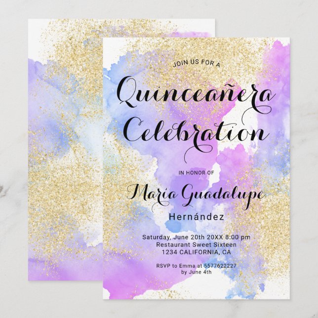 Modern rosa Aquarellgold Glitzer Quinceanera Einladung (Vorne/Hinten)