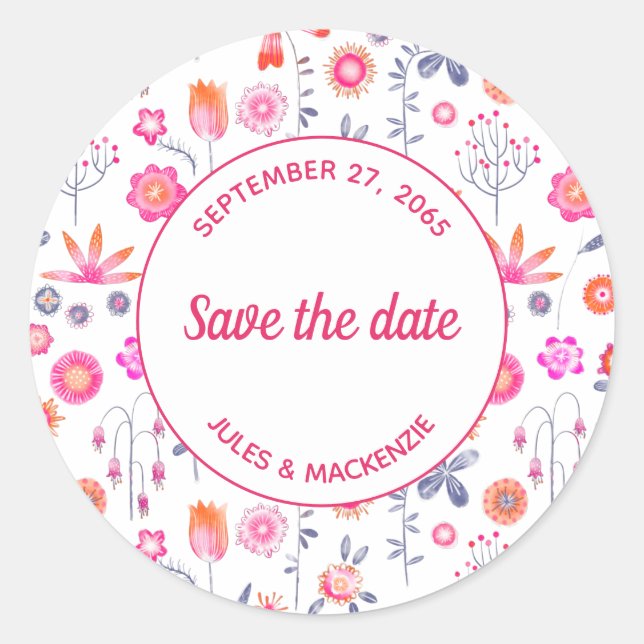 Modern rosa Blumengarten Boho Save the Date Runder Aufkleber (Vorderseite)