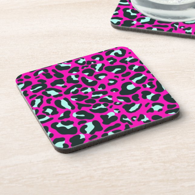 Modern rosa Geparden Leopard Tierdruck Getränkeuntersetzer (Linke Seite)
