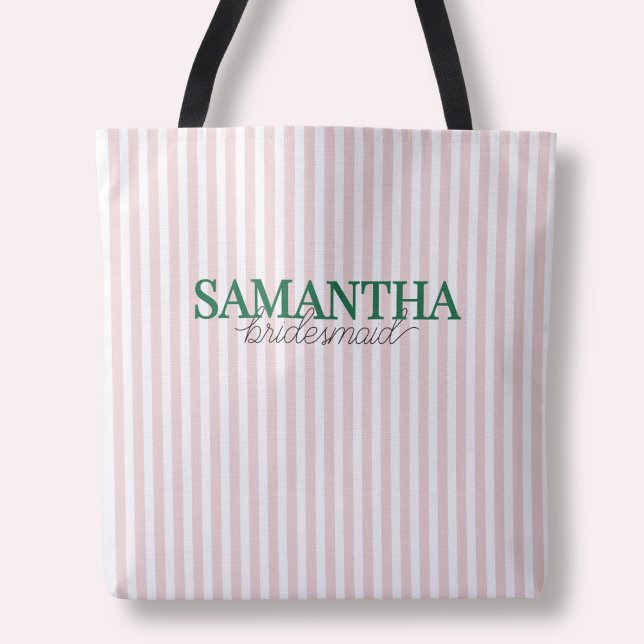Modern rosa gestrichen, benutzerdefinierter Name d Tasche (Modern Pink Striped Custom Green Bridesmaid Name Tote Bag)