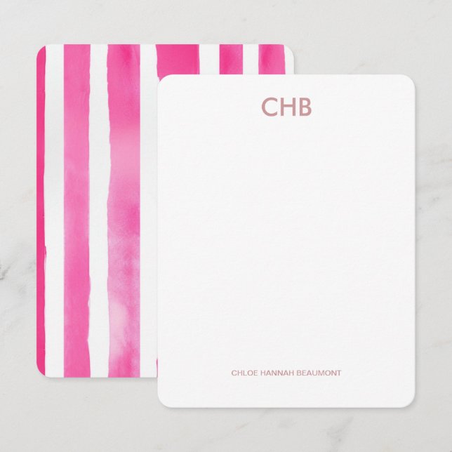 Modern rosa gestrippt Mit Monogramm Initial & Name Mitteilungskarte (Vorne/Hinten)