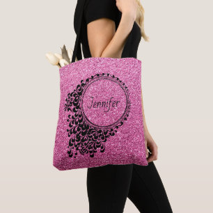 Modern rosa Glitzer Schwarzer Floral Personalisier Tasche