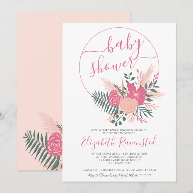 Modern rosa grüner Blumenstrauß Schriftart Babydus Einladung (Vorne/Hinten)
