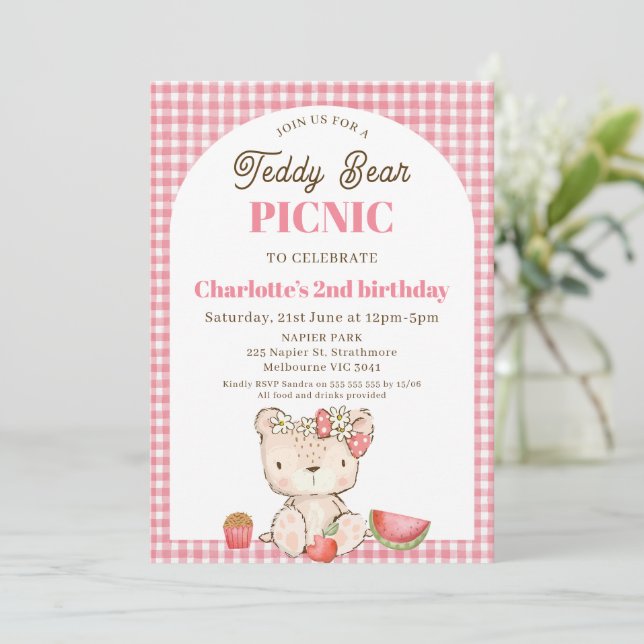 Modern rosa Kariert Arch Teddy Bear Picnic Geburts Einladung (Stehend Vorderseite)
