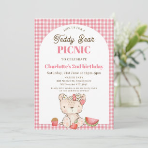 Modern rosa Kariert Arch Teddy Bear Picnic Geburts Einladung