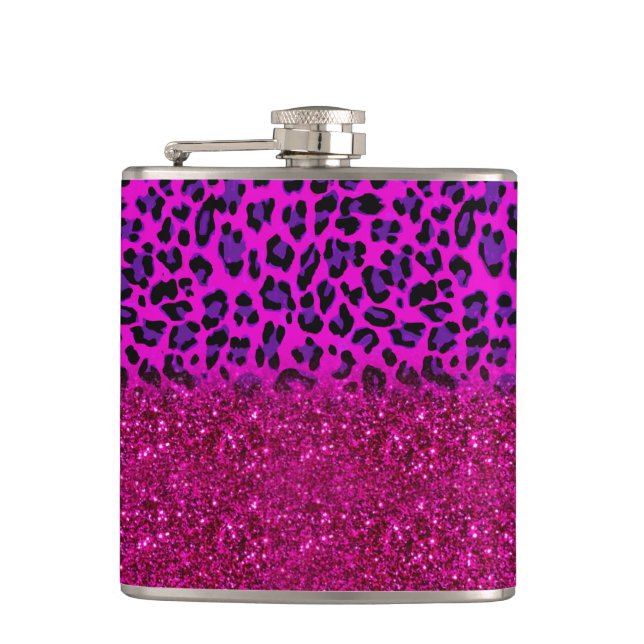 Modern rosa Lila Glitzer Leopard Flachmann (Vorderseite)