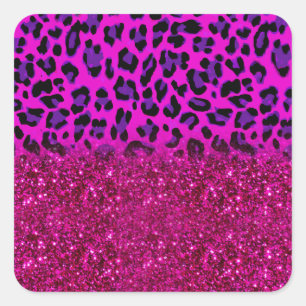 Modern rosa Lila Glitzer Leopard Quadratischer Aufkleber