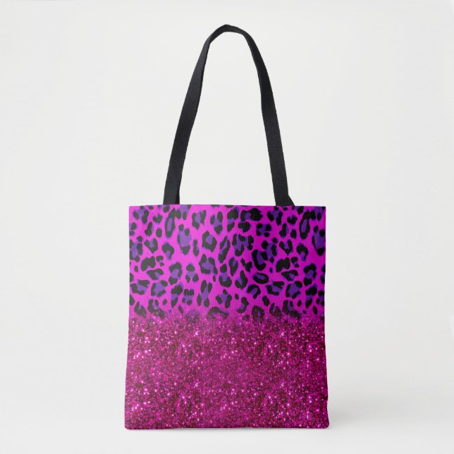 Modern rosa Lila Glitzer Leopard Tasche (Vorderseite)