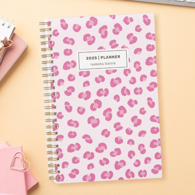 Modern rosa Monatsplaner Planer (Personalized Pink Leopard Print, Weekly Monthly Planner.)