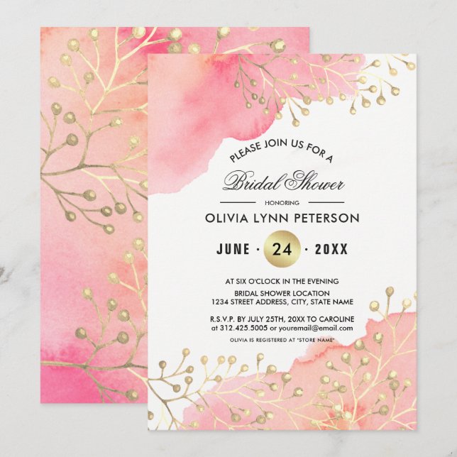 Modern rosa | Peach Wassercolor Brautparty Einladung (Vorne/Hinten)