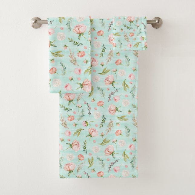 Modern rosa Rose Bud Mint Strip Muster Badhandtuch Set (Insitu)