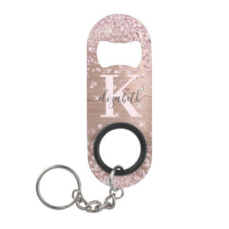 Modern rosa Rose Gold Glitzer Diamond Monogram Ke Mini Flaschenöffner