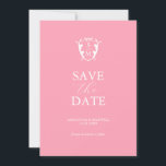 Modern rosa Save the Date<br><div class="desc">Verkünden Sie Ihre Verlobung mit dieser minimalen Hochzeit speichern Sie das Datum Einladungen. Sie zeichnen sich durch eine Mischung aus klassischer Schrift und Schriftzeichen in Weiß aus, die auf einem angesagten rosa Hintergrund mit einem Monogramm-Wappen oben dargestellt ist. Verwenden Sie die Vorlagenfelder, um Ihren Namen und Ihr Hochzeitsdatum anzupassen. Auch...</div>