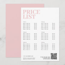 Modern rosa Schönheitspreisliste Menü Kleine Unter