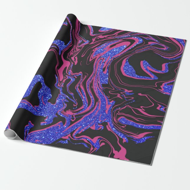 Modern rosa Schwarz Blau Glitzer Marmormuster Geschenkpapier (Ungerollt)