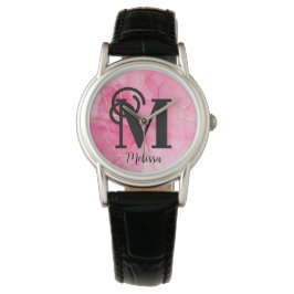 Modern rosa und goldmarmorierter Monogrammname Armbanduhr