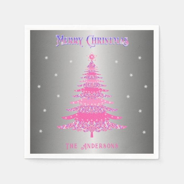 Modern rosa Weihnachtsbaum Individuelle Name Silbe Serviette (Vorderseite)