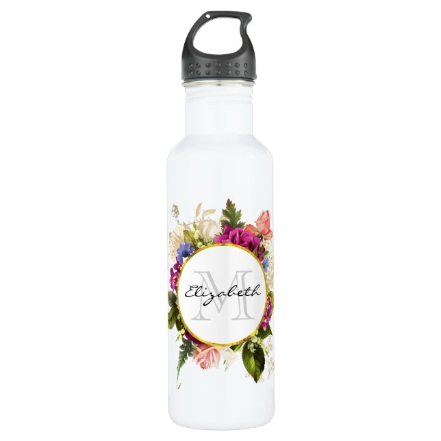 Modern rosafarbenes Blumenmotiv Edelstahlflasche (Vorderseite)
