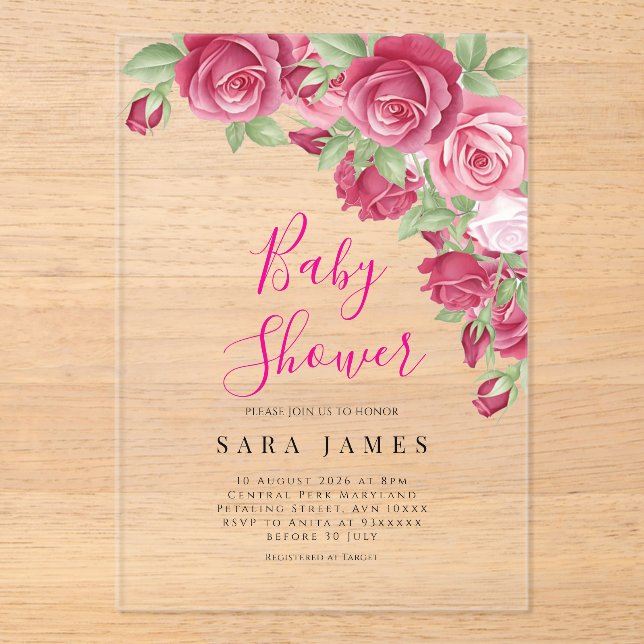 Modern Rose Garden Acrylic Baby Shower Invitation (Recto)