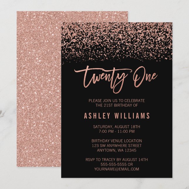 Modern Rose Gold Black Imitats Glitzer 21. Geburts Einladung (Vorne/Hinten)