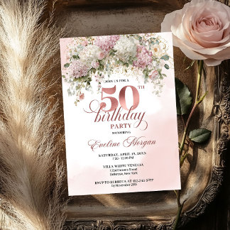 Modern Rose Gold Blush Flowers 50th Birthday   Einladung